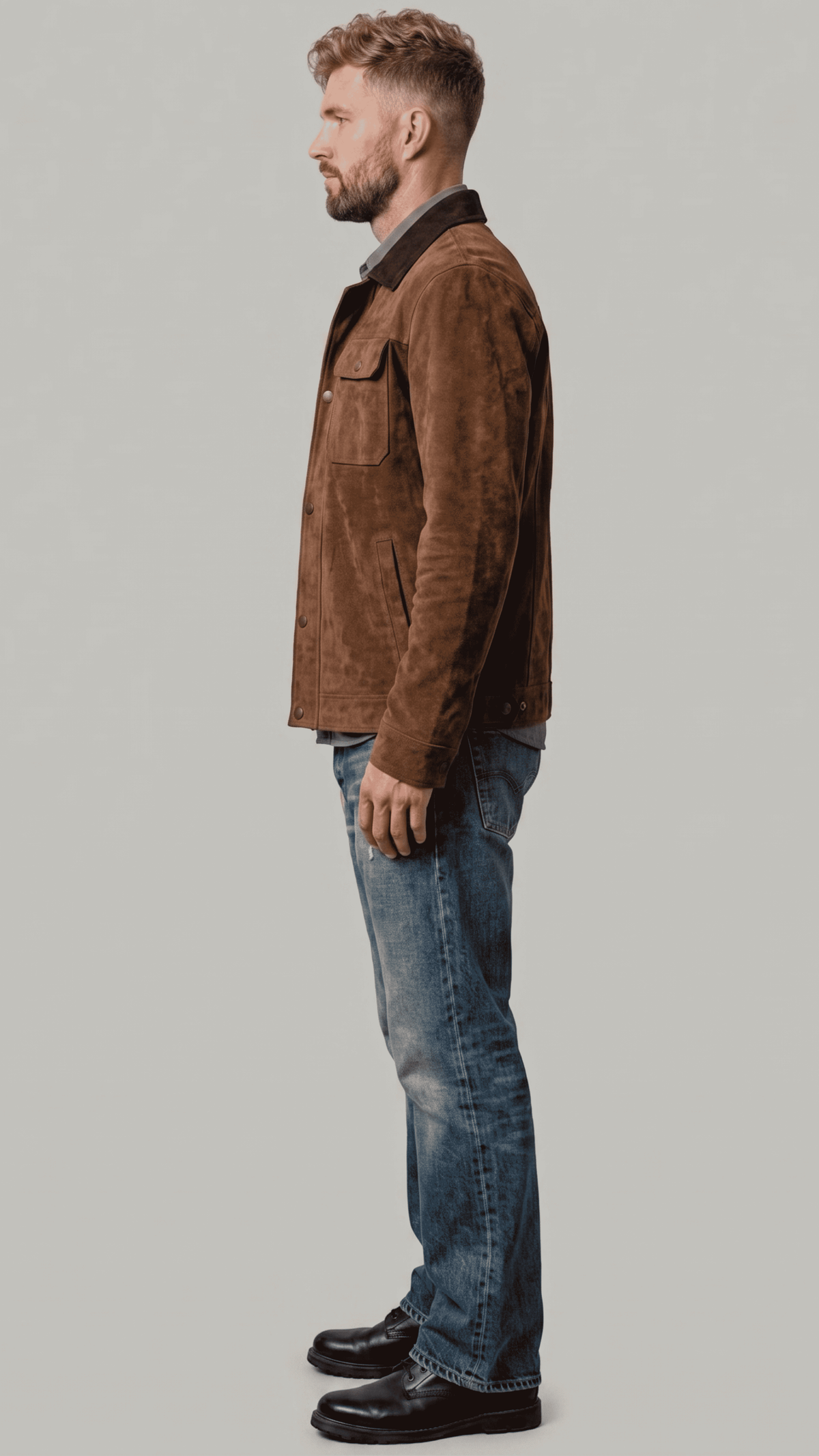 Versatile deep cocoa brown suede jacket layered beautifully over a neutral sweater, perfect for a high-end urban streetwear outfit.