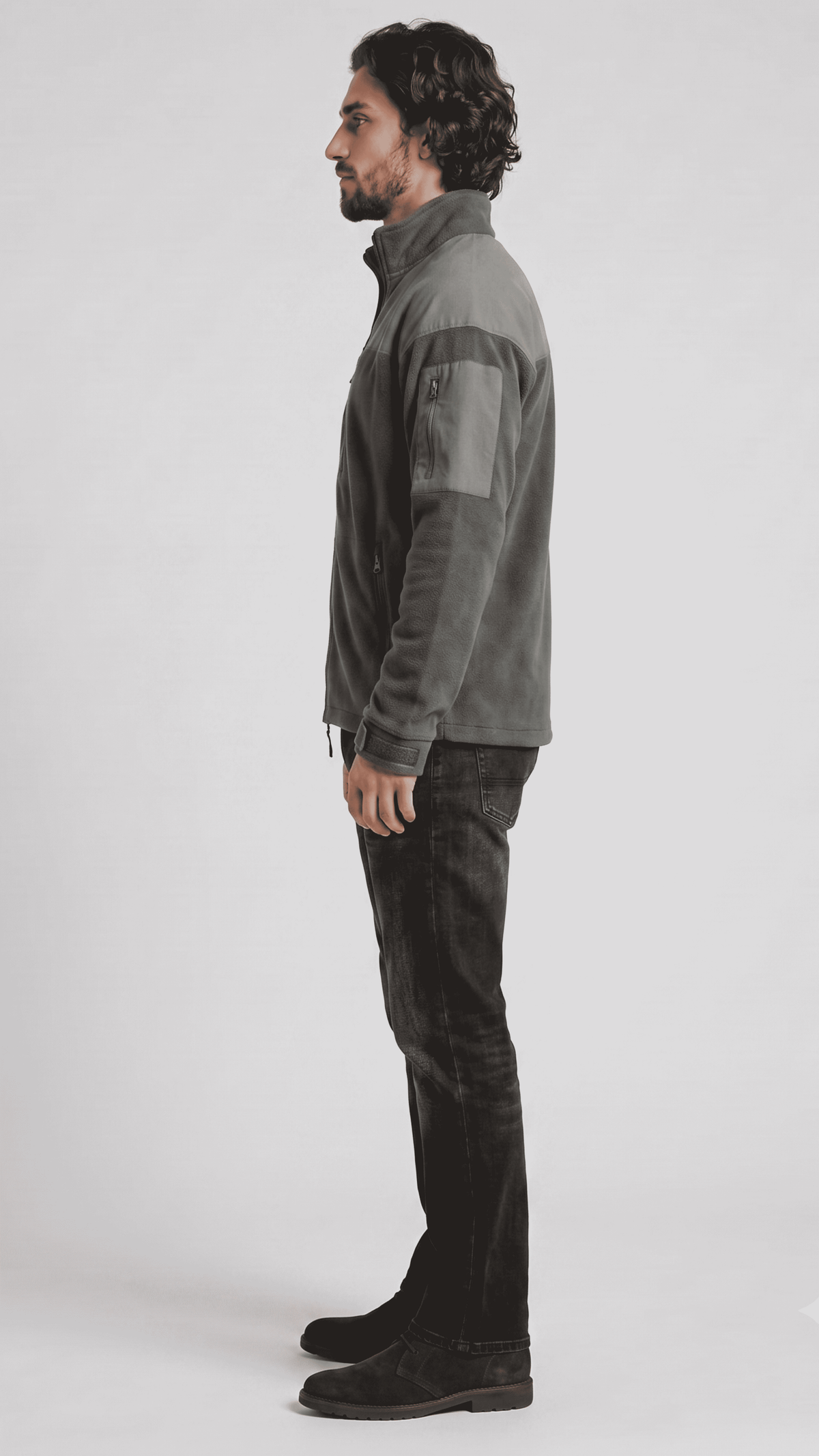 Sleek minimalist charcoal grey suede outerwear with matte finish detailing, perfect for casual and smart occasions.