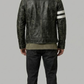 Symmetrical back view of a slim-fit men's black leather cafe racer jacket, displaying a smooth panel design and structured aesthetic.