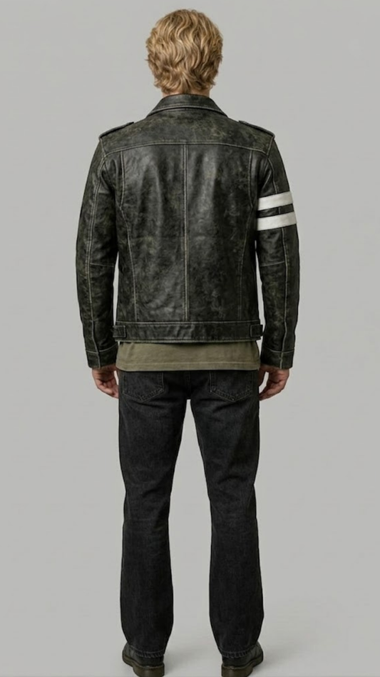 Symmetrical back view of a slim-fit men's black leather cafe racer jacket, displaying a smooth panel design and structured aesthetic.