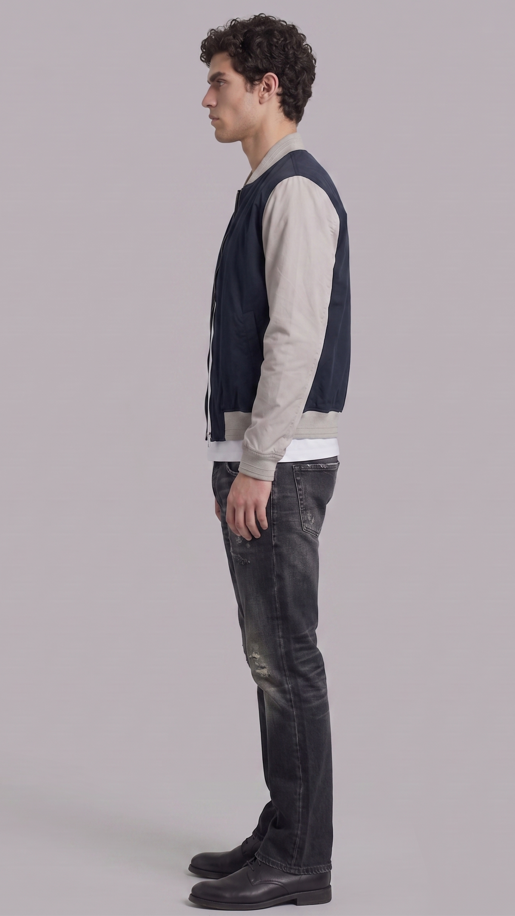 Comfortable and durable navy blue and grey cotton jacket with functional pockets, perfect for everyday wear.