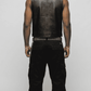 Regular fit men's black leather buttoned gilet displaying functional welt pockets and a clean, comfortable tailored alignment.