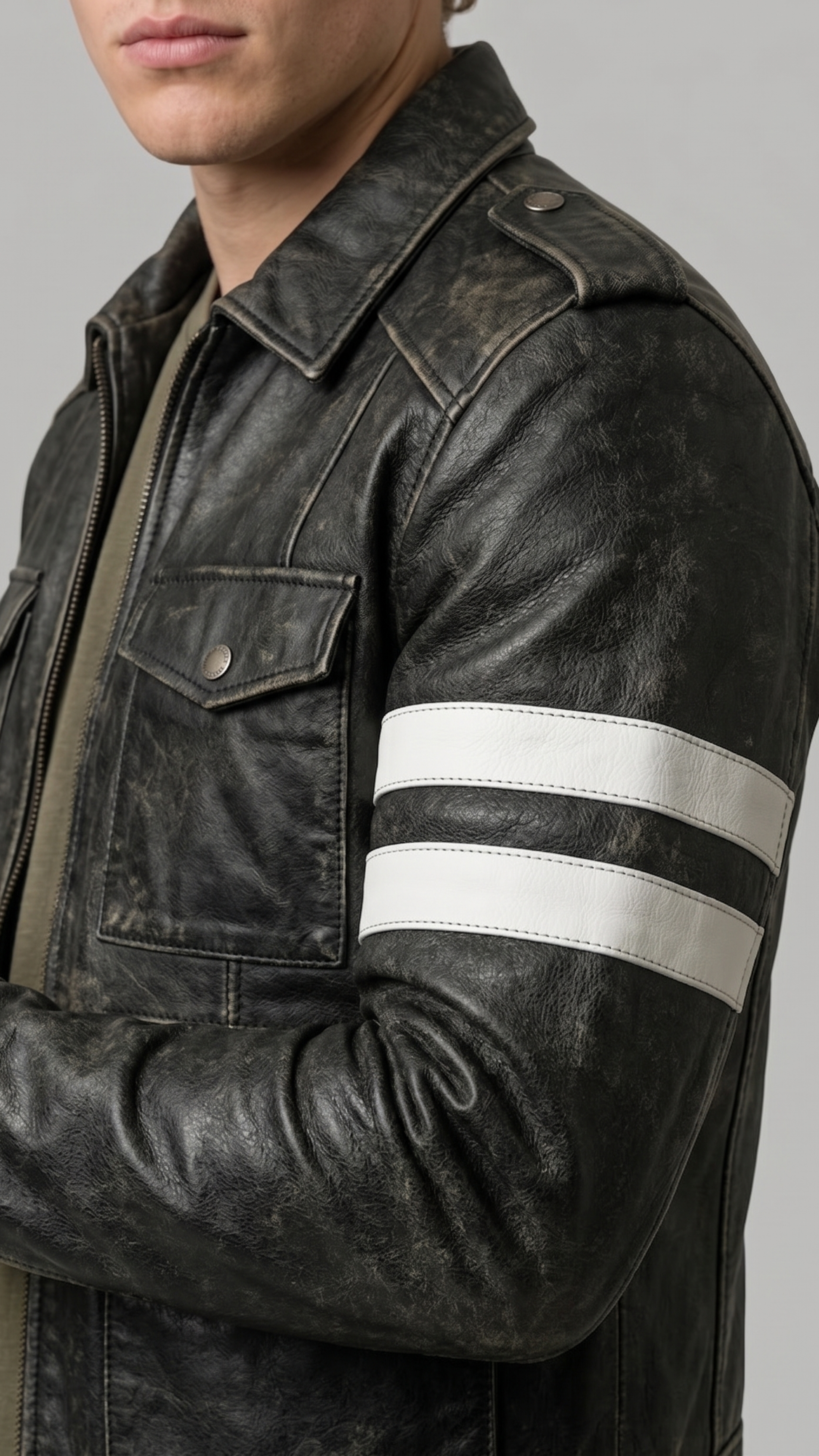 Close-up shot highlighting the flawless smooth texture of premium black genuine leather and fine precision stitching on a racer jacket shoulder.
