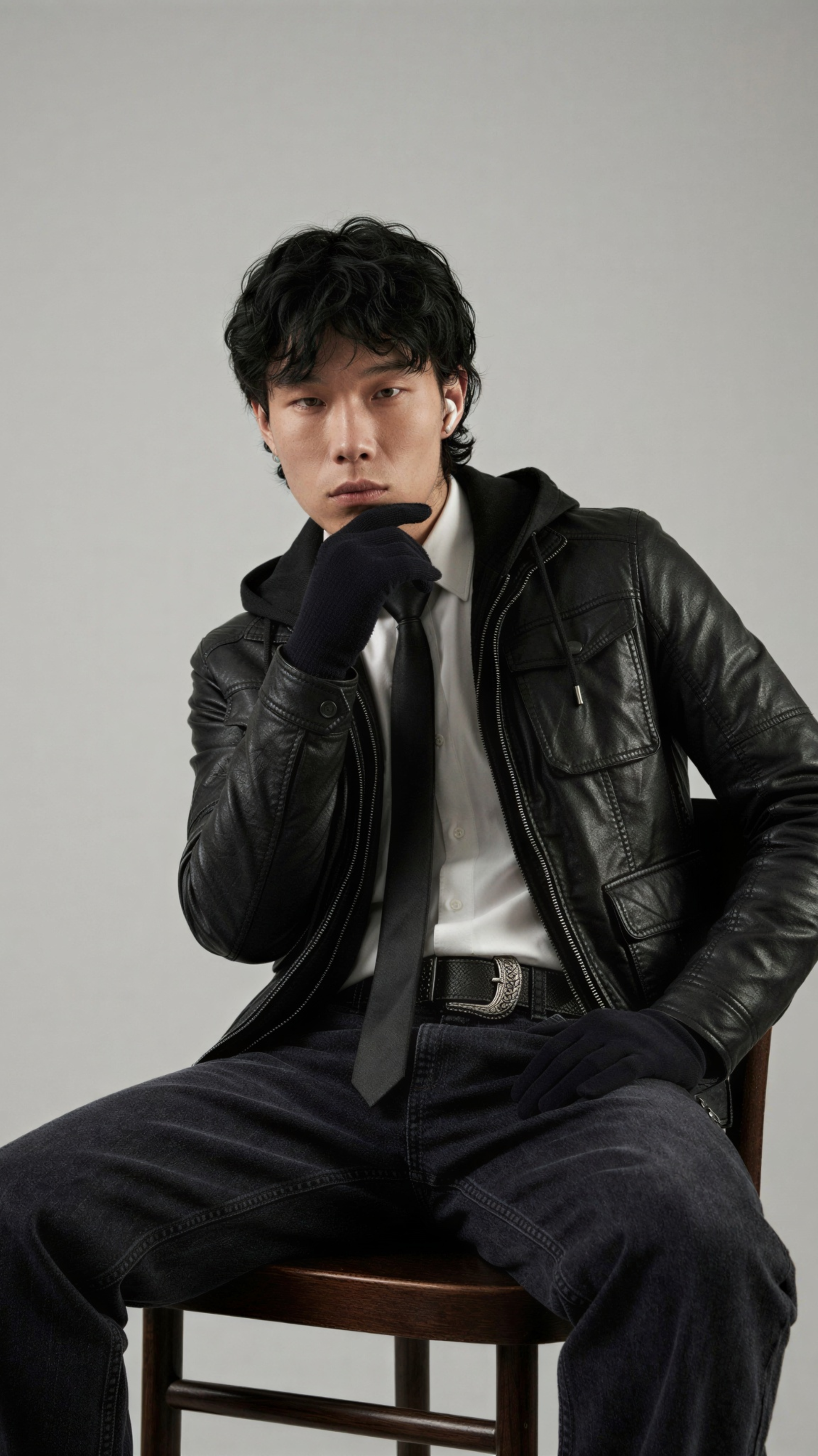 Man wearing a black leather jacket and gloves sitting on a chair against a gray background