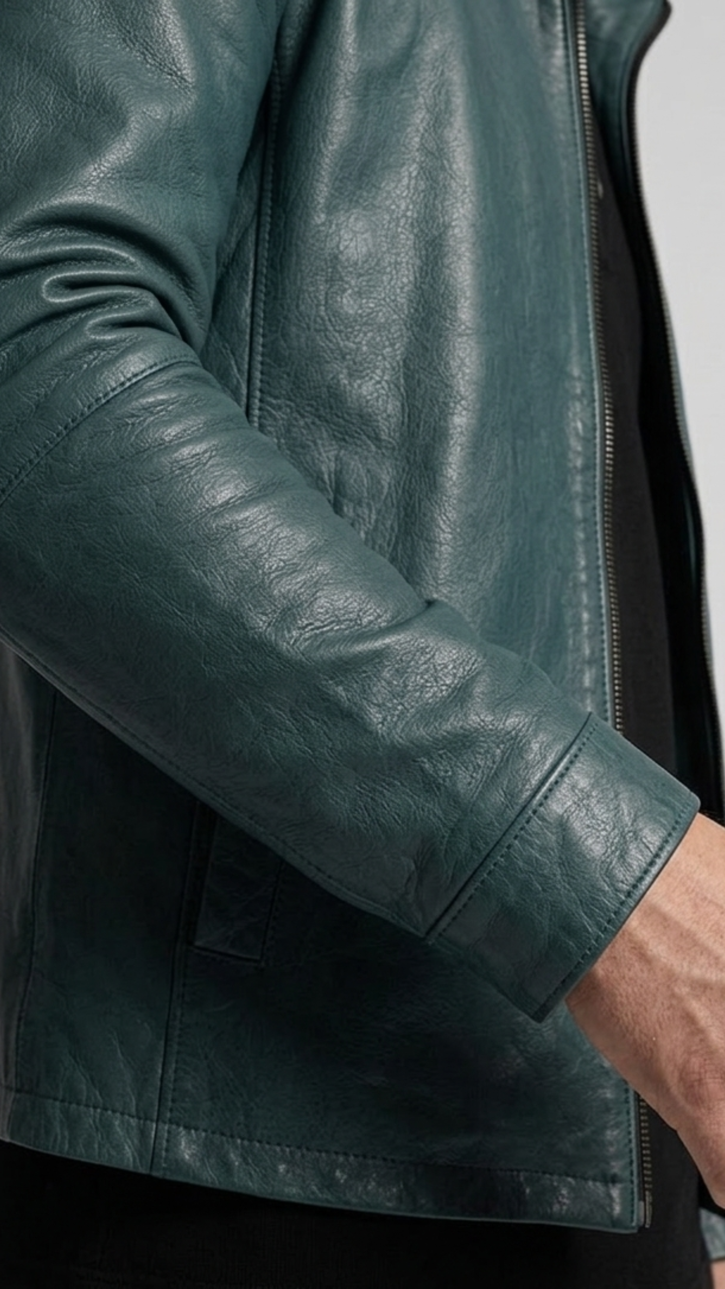 Close-up of a dark cyan leather jacket sleeve on a plain background