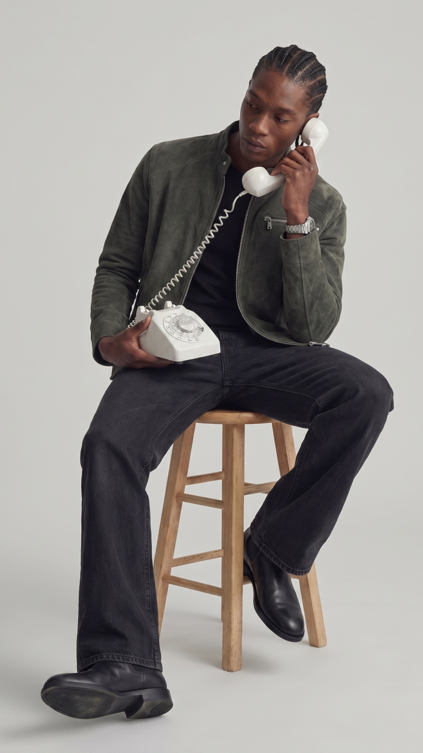 Person sitting on a stool using a vintage phone against a plain background