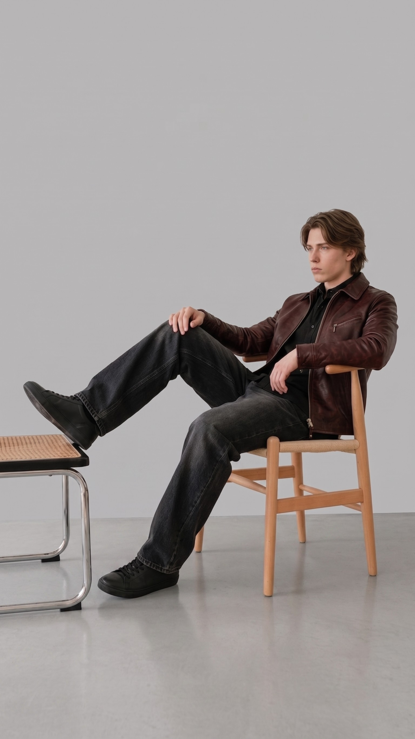 Man sitting on a chair with one leg crossed over the other, wearing a brown leather jacket and dark pants.