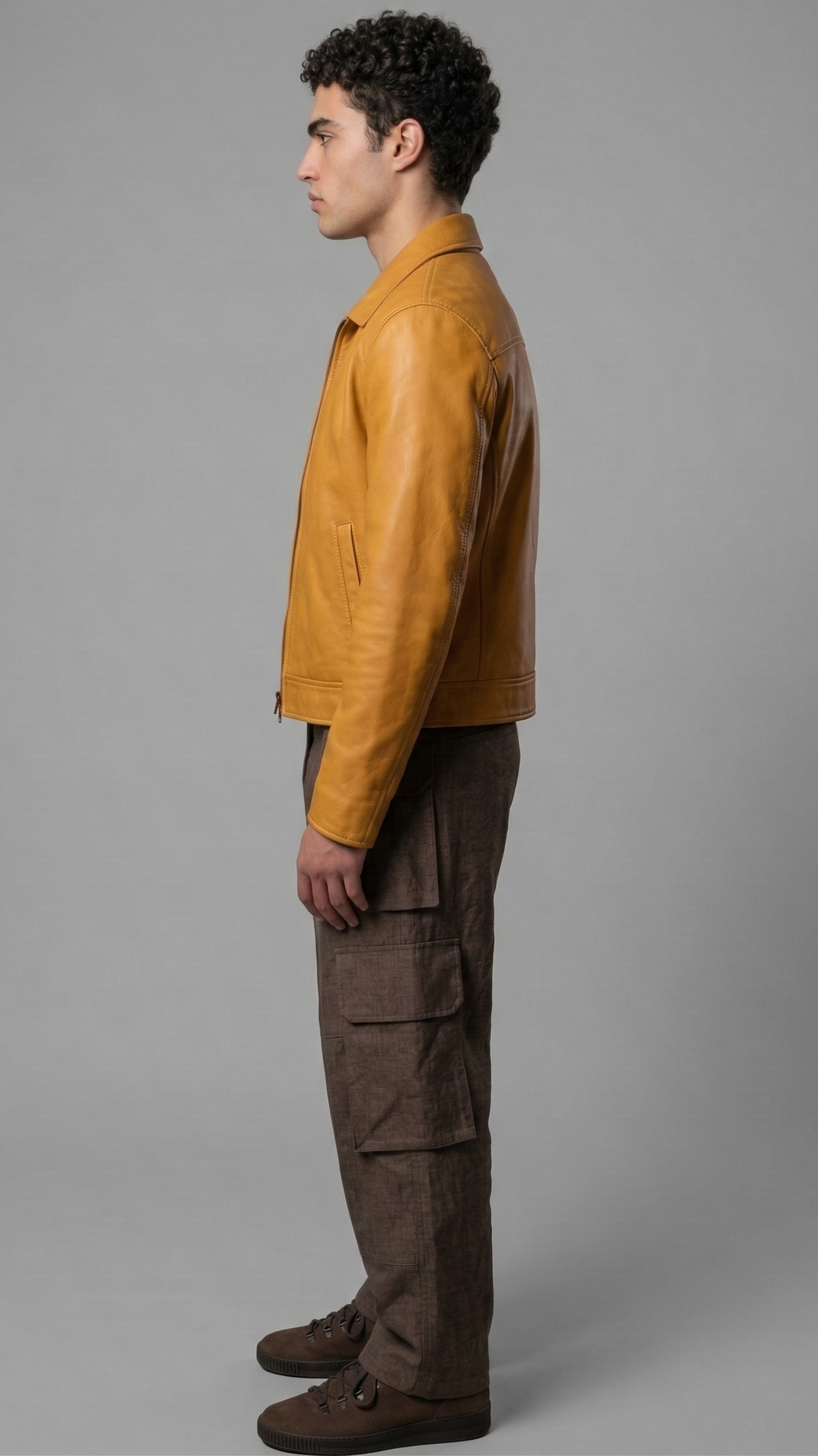 A man in profile wearing a mustard yellow leather jacket, brown cargo pants, and brown shoes, standing against a solid gray studio background.