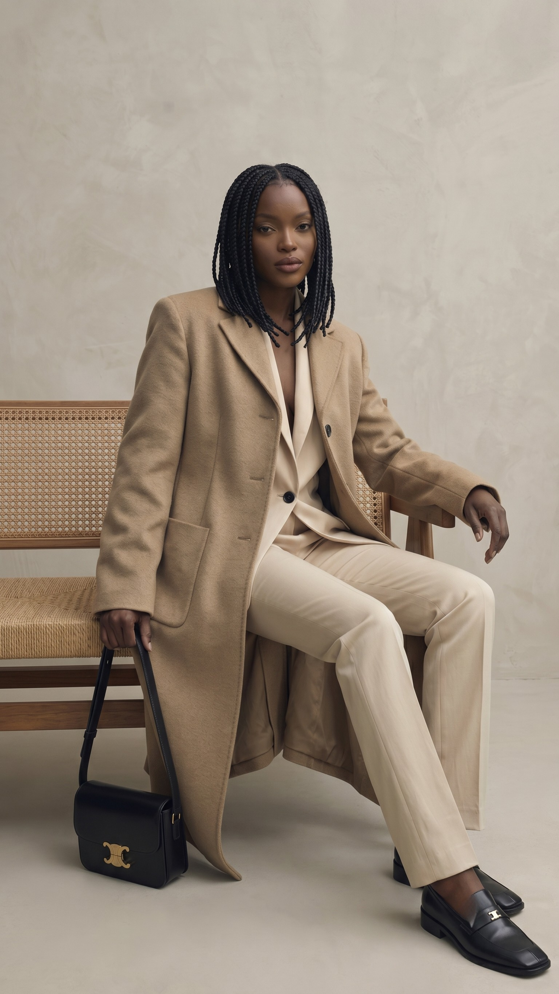 Studio portrait of a model styled in a sophisticated camel wool overcoat for a professional look.
