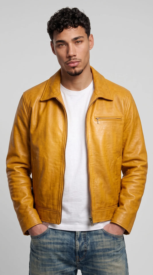 Affordable mustard yellow leather biker jacket for men with spread collar and front zip, stylish yet budget friendly