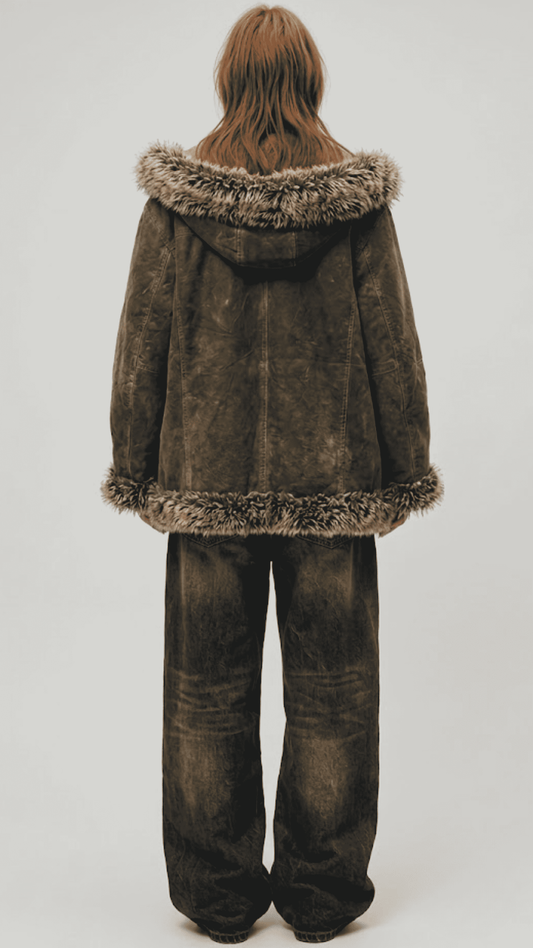 A person shown from the back wearing a dark green hooded jacket with a thick brown fur-trimmed hood and hem, paired with dark blue jeans, against a light gray studio background.