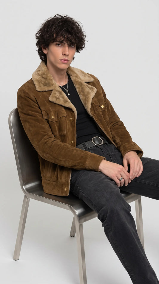 Dark ochre suede trucker jacket with oversized light-tan faux-shearling lapels, decorative gold-tone snap fasteners and structured chest pockets, worn with a black top, dark denim and a silver pendant necklace in relaxed seated styling. The soft suede texture and warm neutral colour create a polished Western-inspired look that blends vintage character with contemporary casual menswear.