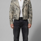 Off-white and black acid-washed distressed leather biker jacket shown in a full-body front pose.