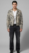 Off-white and black acid-washed distressed leather biker jacket shown in a full-body front pose.