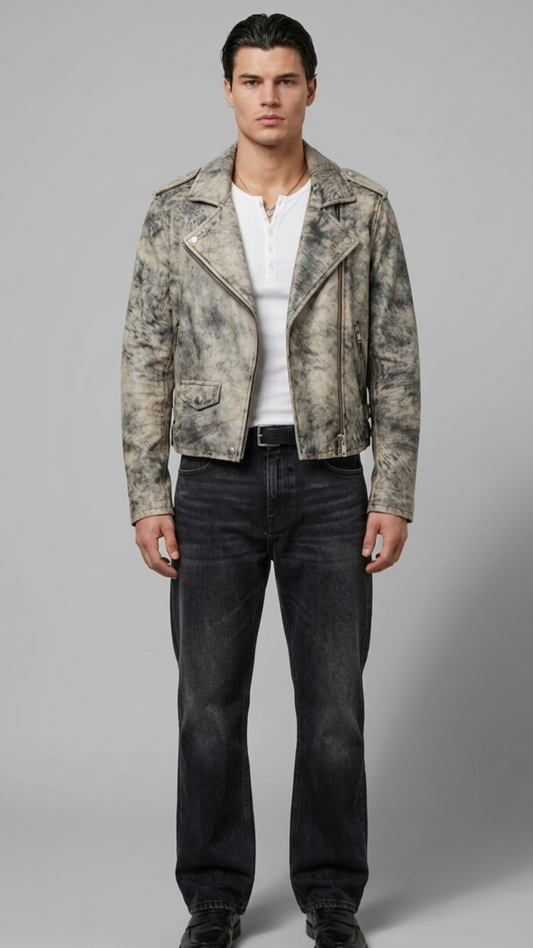 Off-white and black acid-washed distressed leather biker jacket shown in a full-body front pose.