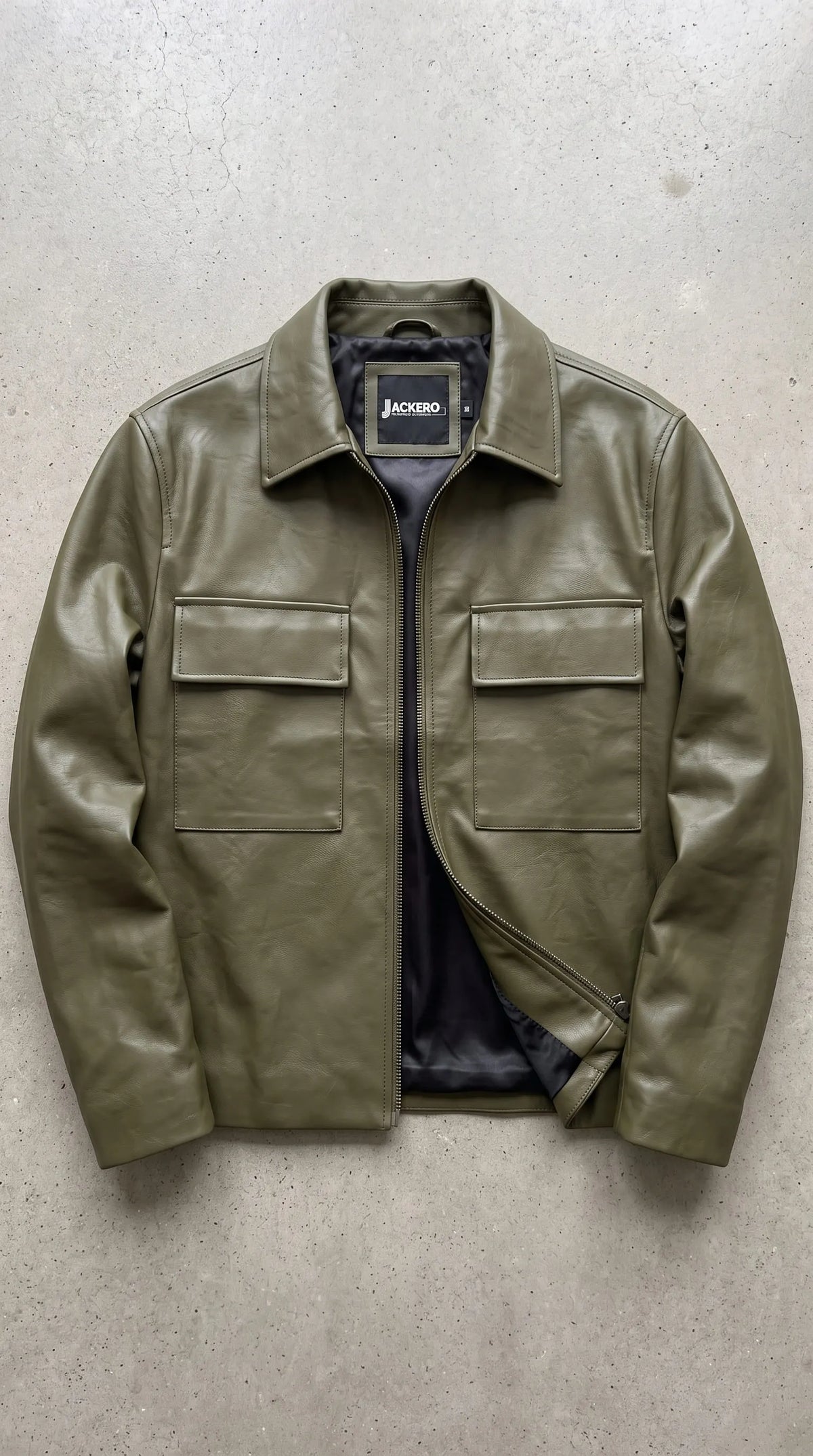 Lightweight olive green leather jacket for men, perfect layering piece for fall and spring weather
