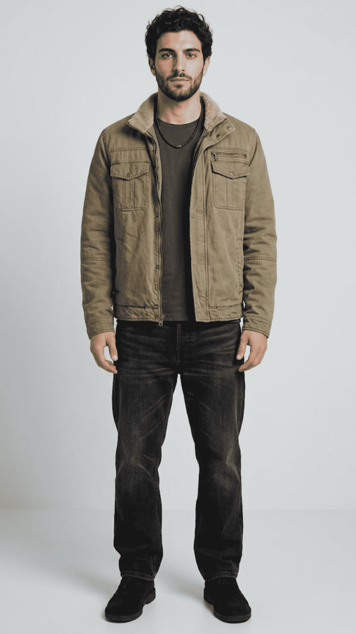 premium olive green cotton jacket featuring a cozy white shearling collar and secure button closures.