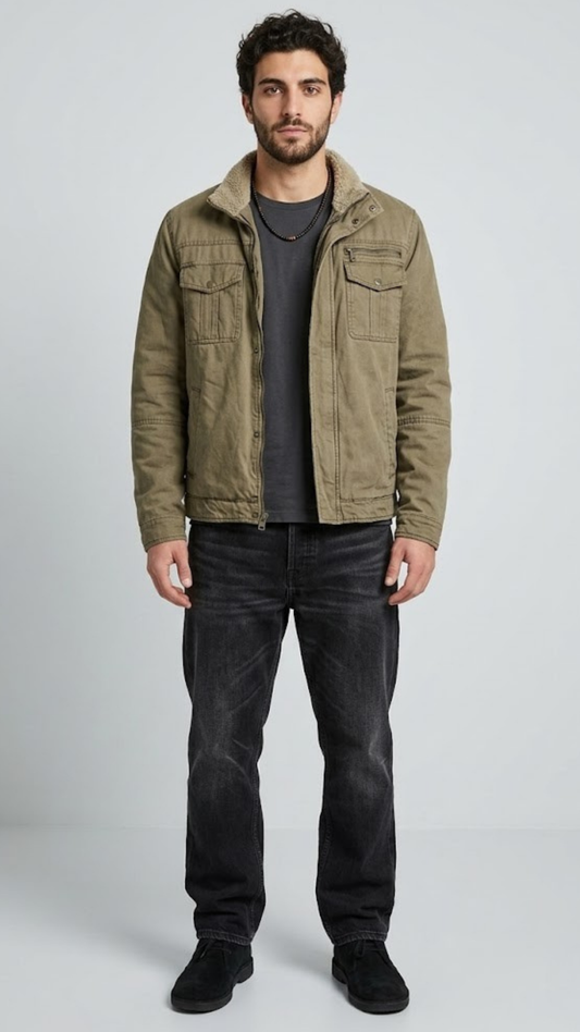 premium olive green cotton jacket featuring a cozy white shearling collar and secure button closures.