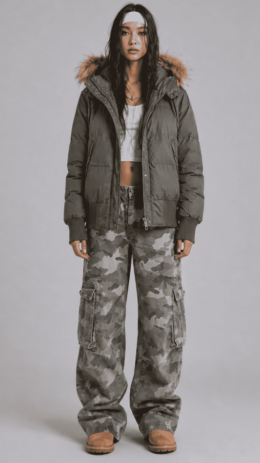 Front view of model wearing an oversized olive green puffer jacket featuring a plush fur trim hood and full zip closure