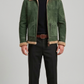 Front view of Jackero men's olive green suede aviator jacket featuring premium cream shearling collar.
