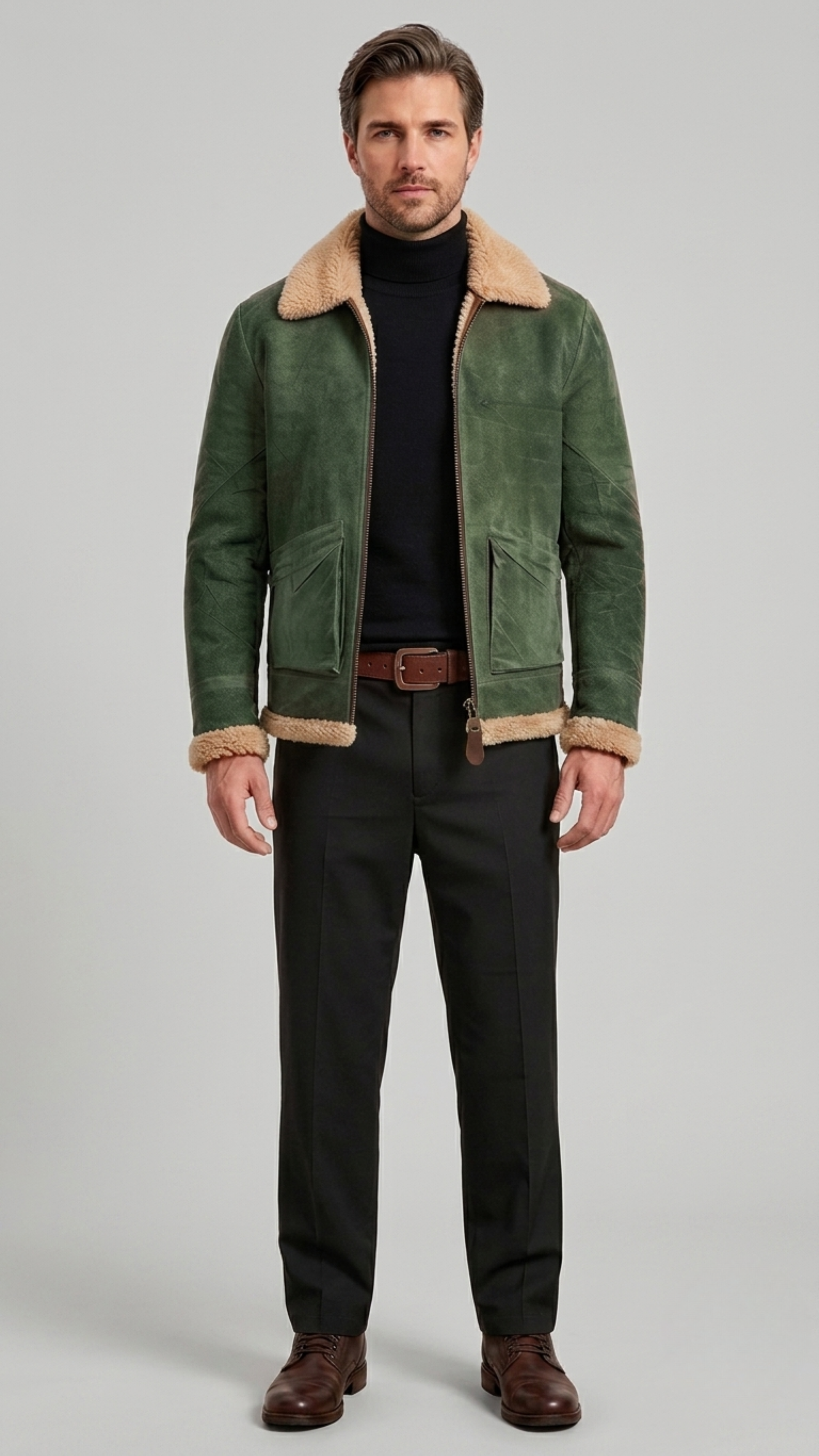 Front view of Jackero men's olive green suede aviator jacket featuring premium cream shearling collar.