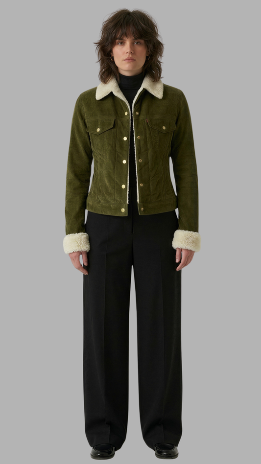 Person wearing a green jacket with white fur trim on a gray background