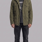 Jackero olive utility jacket featuring symmetric front cargo pockets and a clean hidden zipper closure.