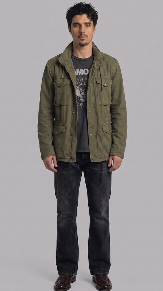 Jackero olive utility jacket featuring symmetric front cargo pockets and a clean hidden zipper closure.