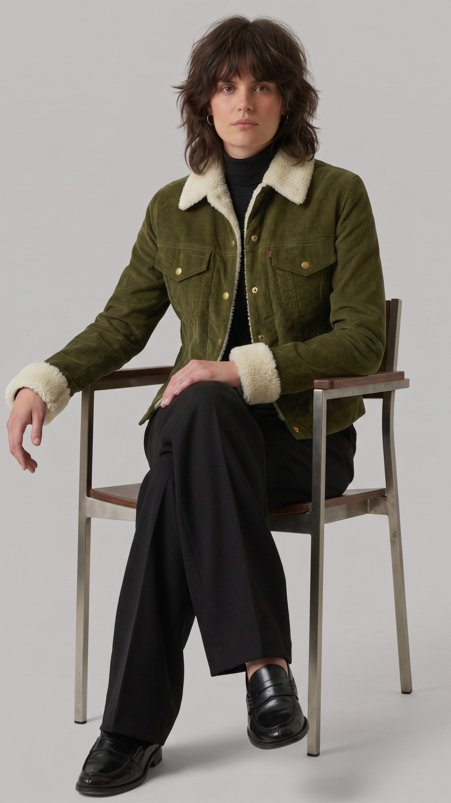 Person wearing a green jacket with white fur trim, sitting on a chair against a plain background