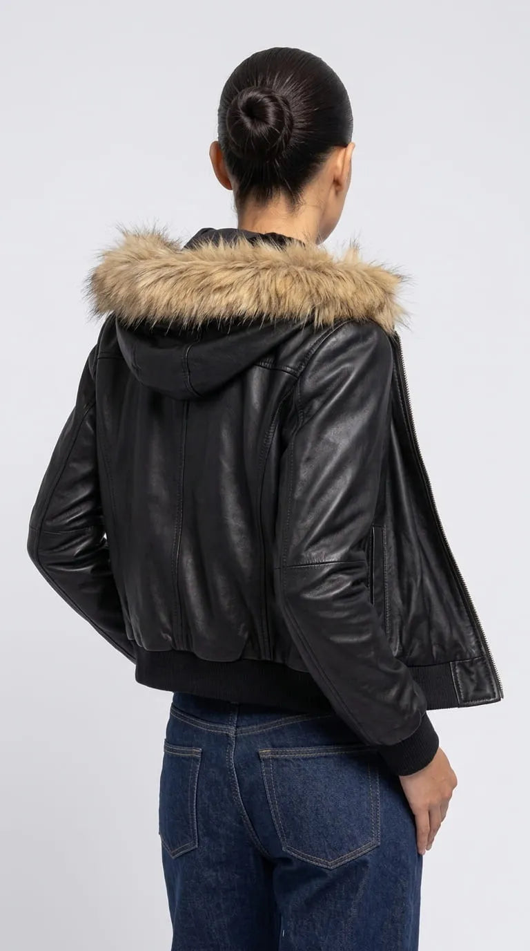 Dark black oversized leather bomber jacket featuring a broad hood framed with tan-brown faux fur, clean vertical back-panel stitching and a ribbed lower waistband. The softly creased leather, dropped shoulders and roomy sleeves create a relaxed Y2K silhouette, while the plush hood trim adds warm contrast to the dark exterior for a contemporary vintage-inspired streetwear wardrobe.