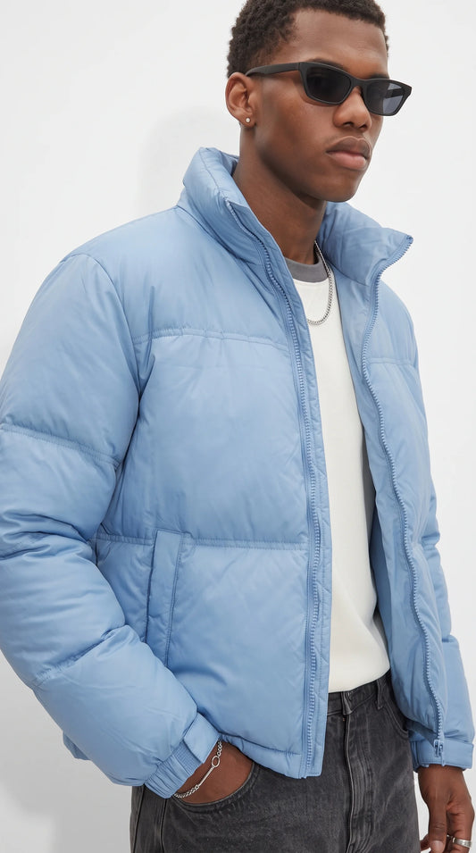 A seriously trendy Jackero sky blue bubble coat that merges cold-weather practicality with top-tier urban drip for the ultimate seasonal wardrobe upgrade.