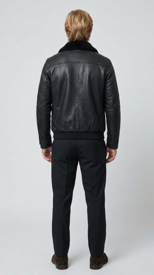 Straight-on back view of a structured black leather aviator jacket showcasing its ribbed waistband and clean bomber fit.