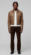 the Jackero premium beige leather bomber jacket styled with clean minimalist casual wear