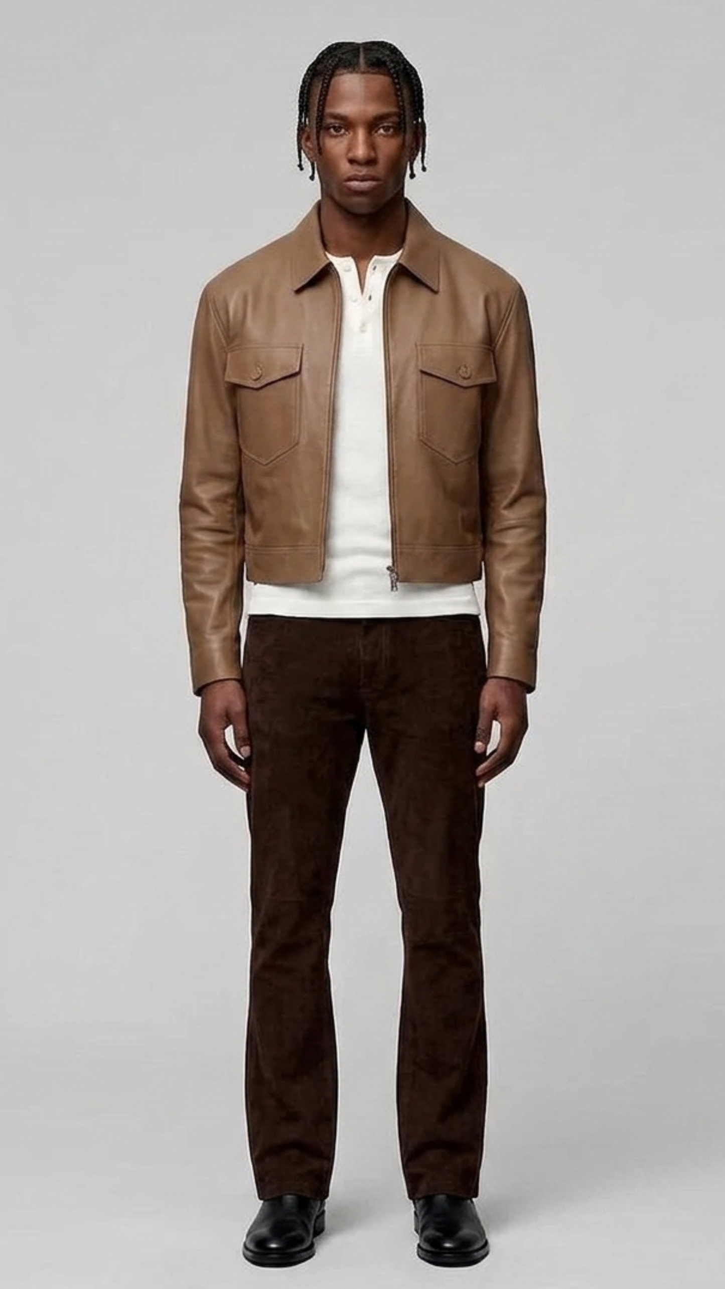 the Jackero premium beige leather bomber jacket styled with clean minimalist casual wear