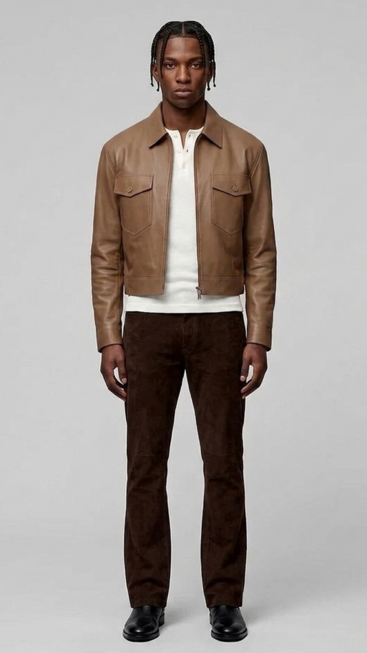 the Jackero premium beige leather bomber jacket styled with clean minimalist casual wear