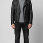Jackero premium black leather moto jacket with signature asymmetric silver zippers.