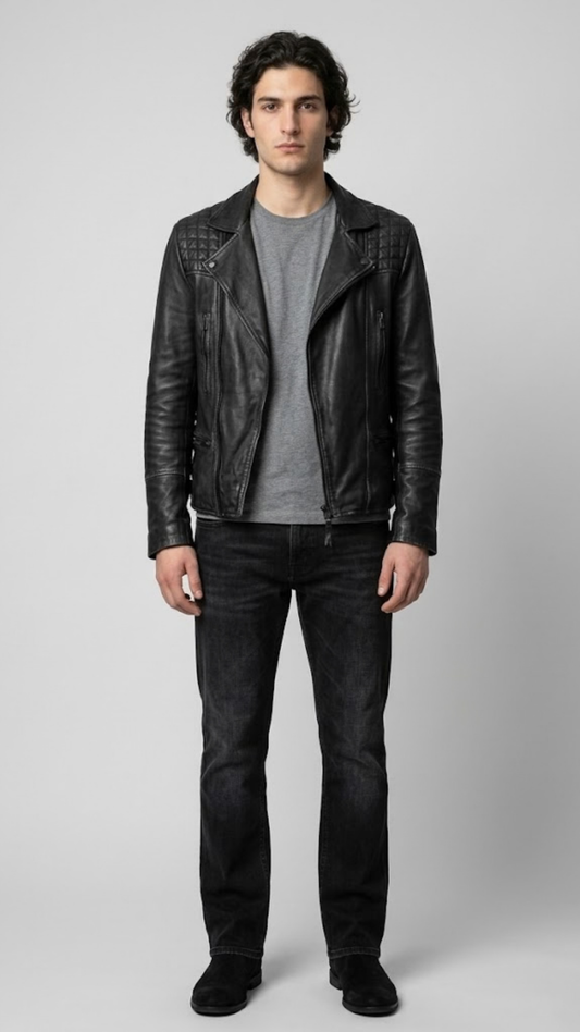 Jackero premium black leather moto jacket with signature asymmetric silver zippers.