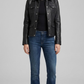 Jackero premium black leather trucker jacket with traditional buttoned flap chest pockets.