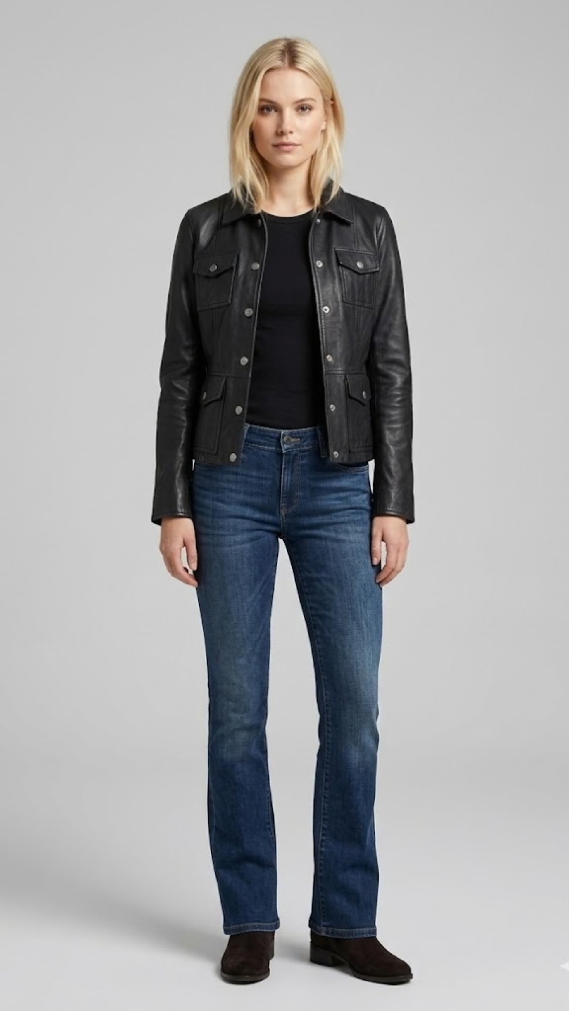 Jackero premium black leather trucker jacket with traditional buttoned flap chest pockets.