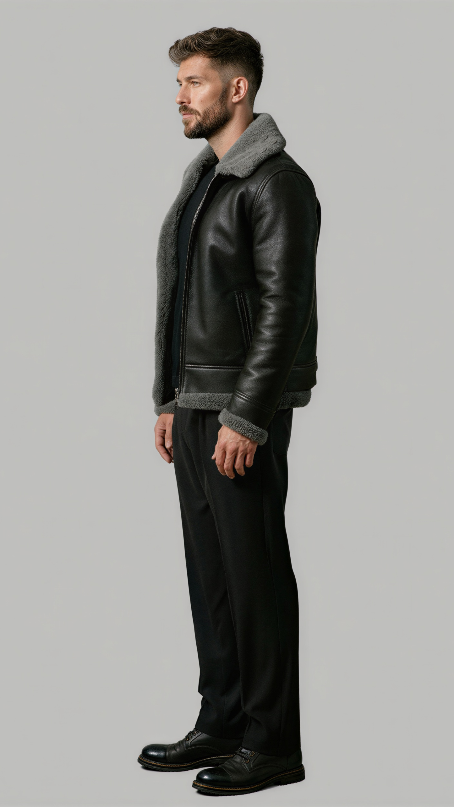 symmetrical side pose of a cozy black leather bomber jacket featuring an insulated grey shearling collar for wind protection.