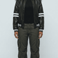 Premium black leather bomber cafe racer jacket by Jackero featuring a sleek minimalist design and clean front zipper closure.