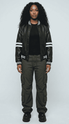 Premium black leather bomber cafe racer jacket by Jackero featuring a sleek minimalist design and clean front zipper closure.