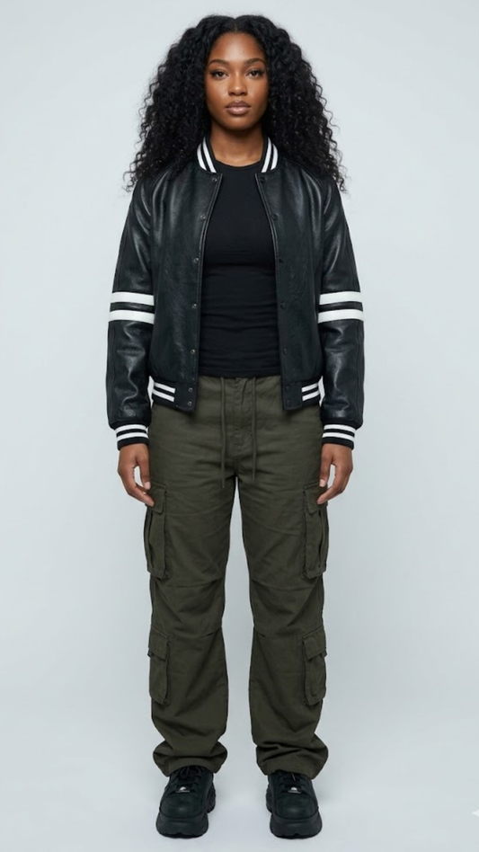 Premium black leather bomber cafe racer jacket by Jackero featuring a sleek minimalist design and clean front zipper closure.