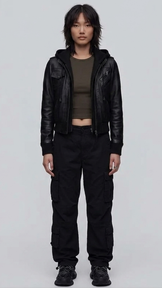 Front view lookbook photography of a model showcasing the Jackero premium black leather hooded Y2K bomber jacket styled with modern urban techwear.