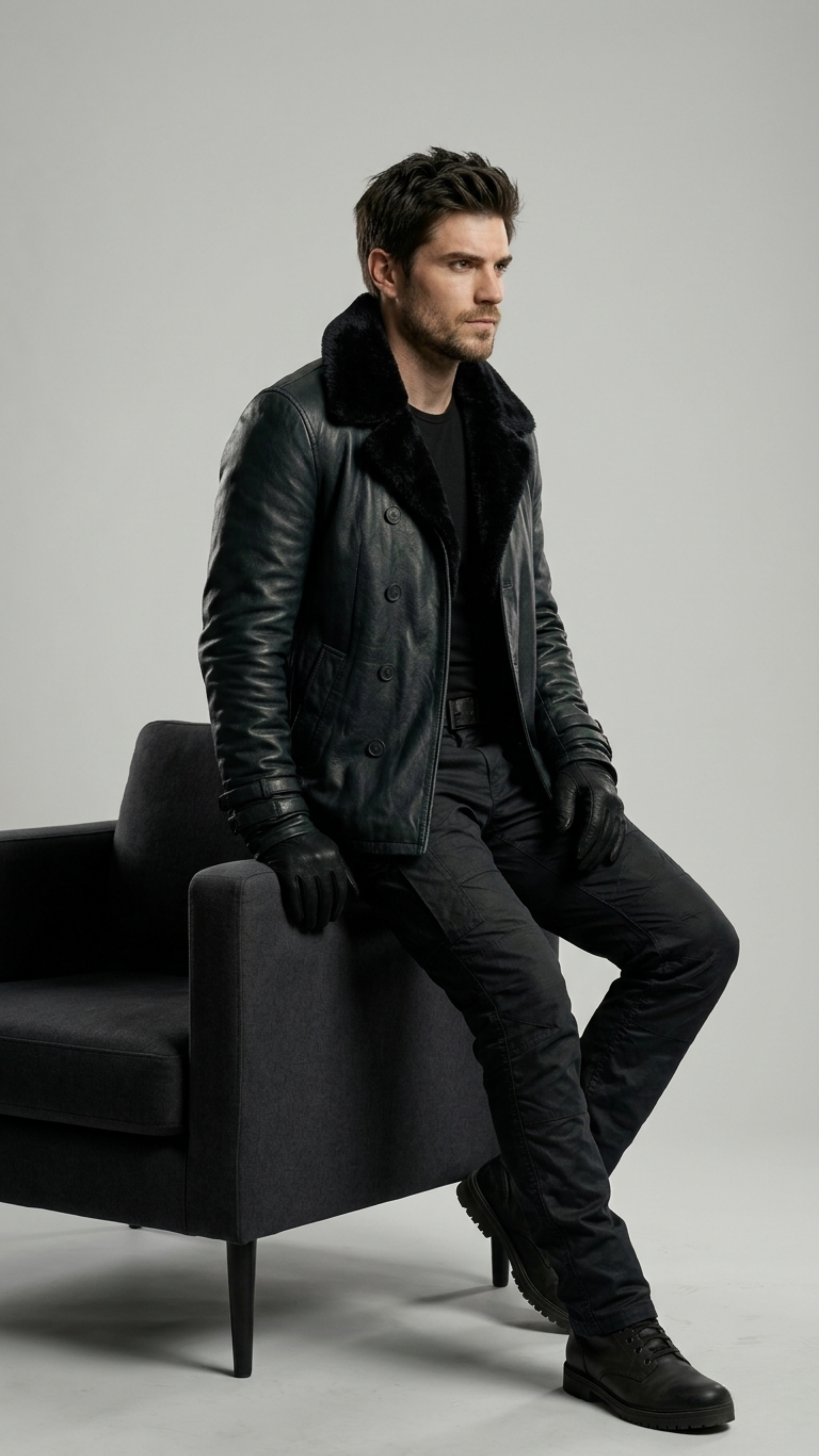 Man in a black leather jacket sitting on a gray chair against a plain background