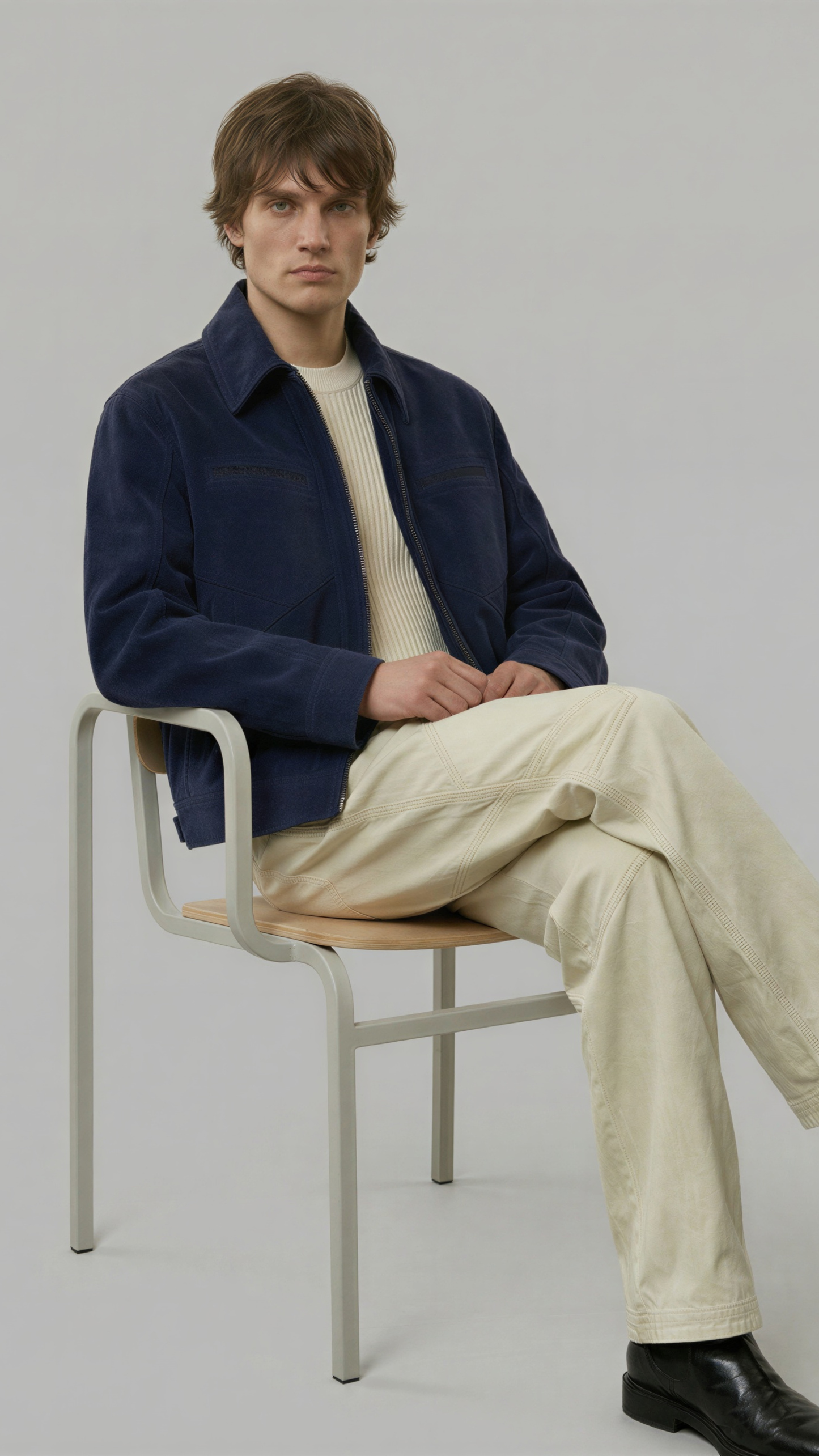 minimalist dark blue suede casual jacket a clean studio backdrop.