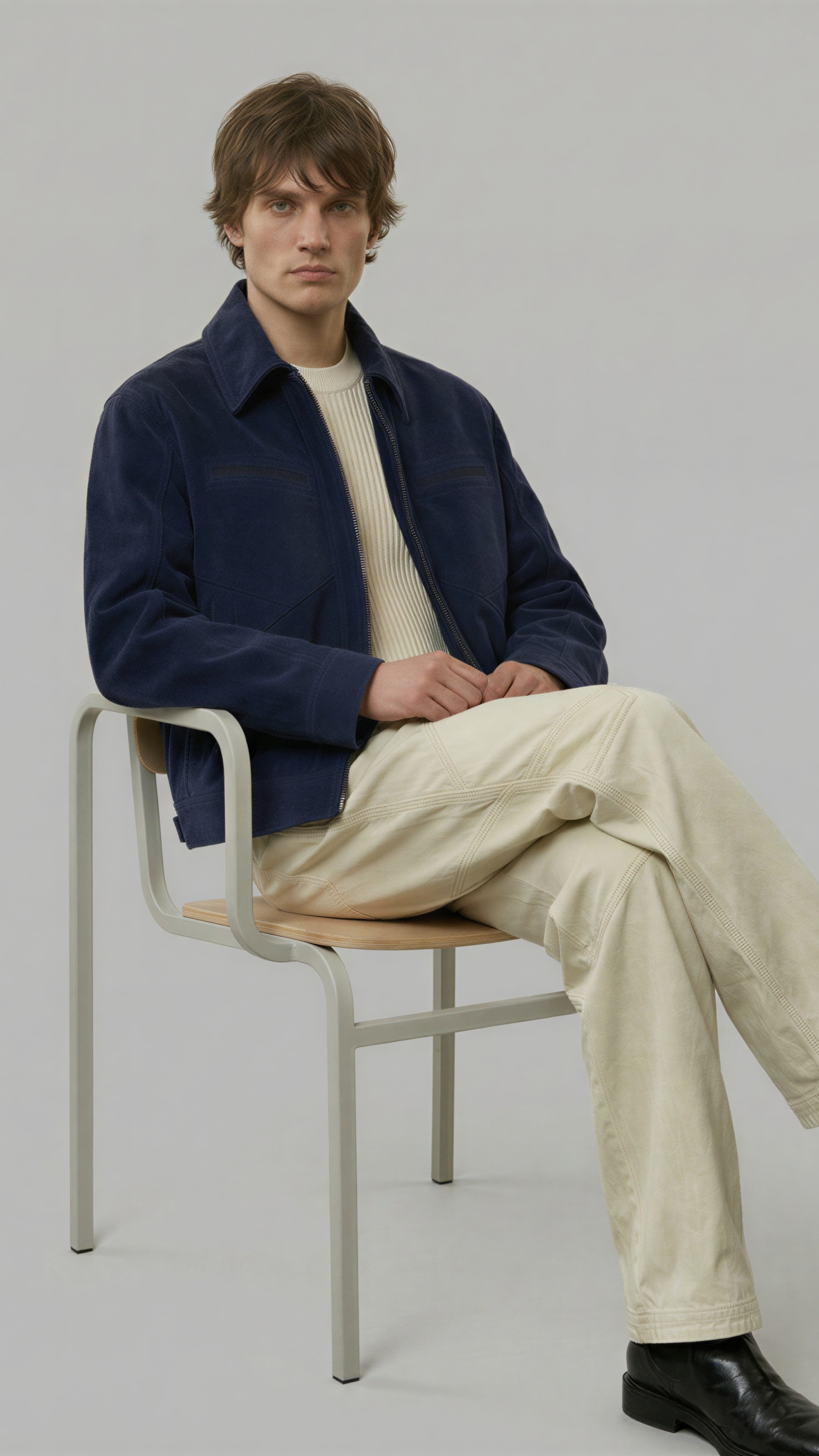 minimalist dark blue suede casual jacket a clean studio backdrop.