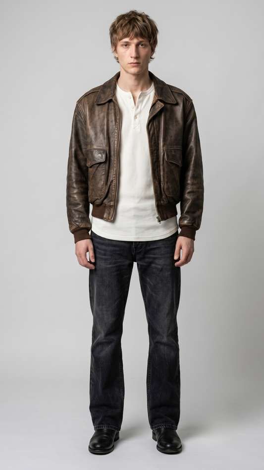 Jackero premium brown distressed leather bomber jacket styled with classic rugged menswear.