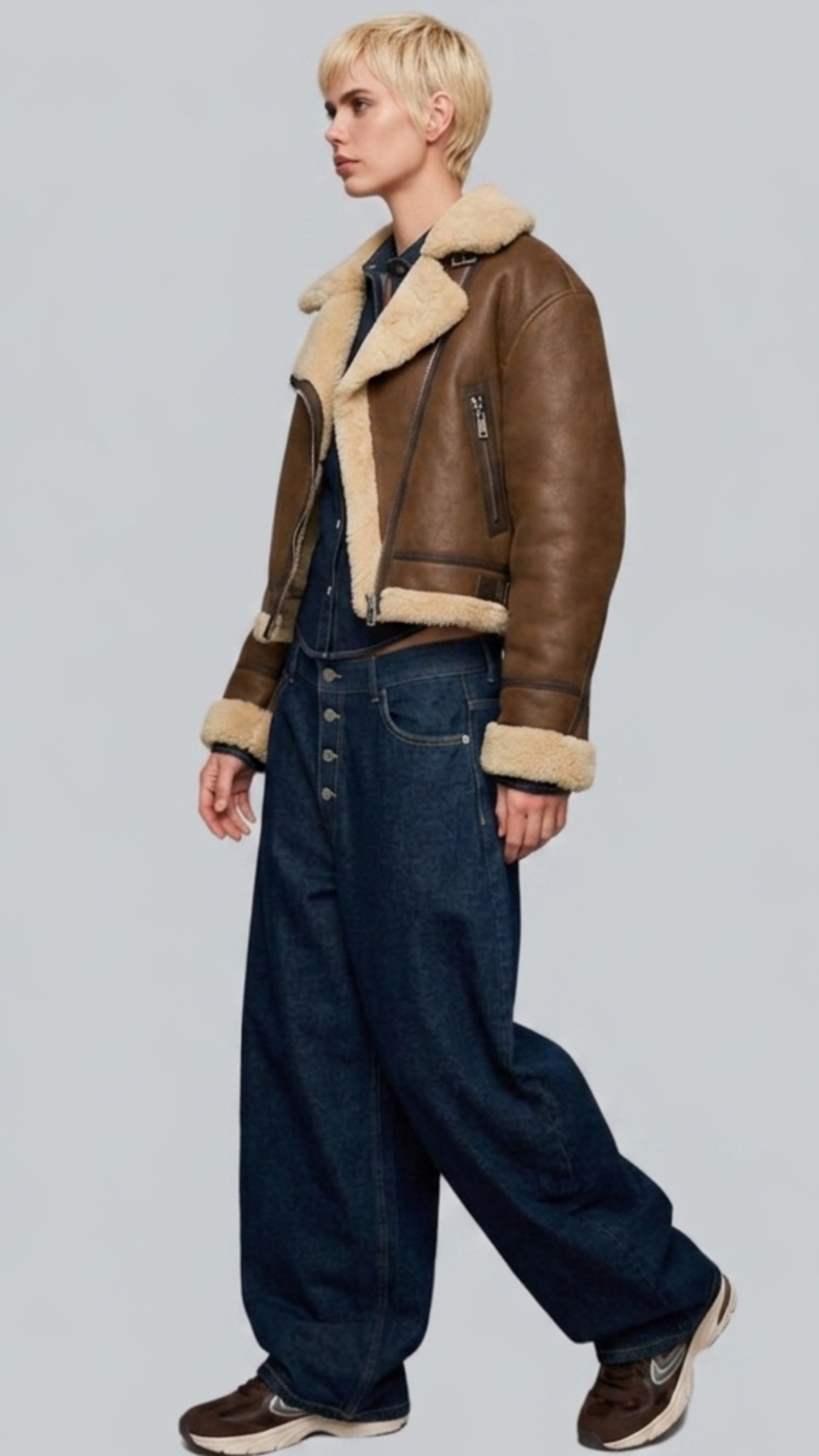 a brown leather jacket with shearling lining and blue jeans on a gray background