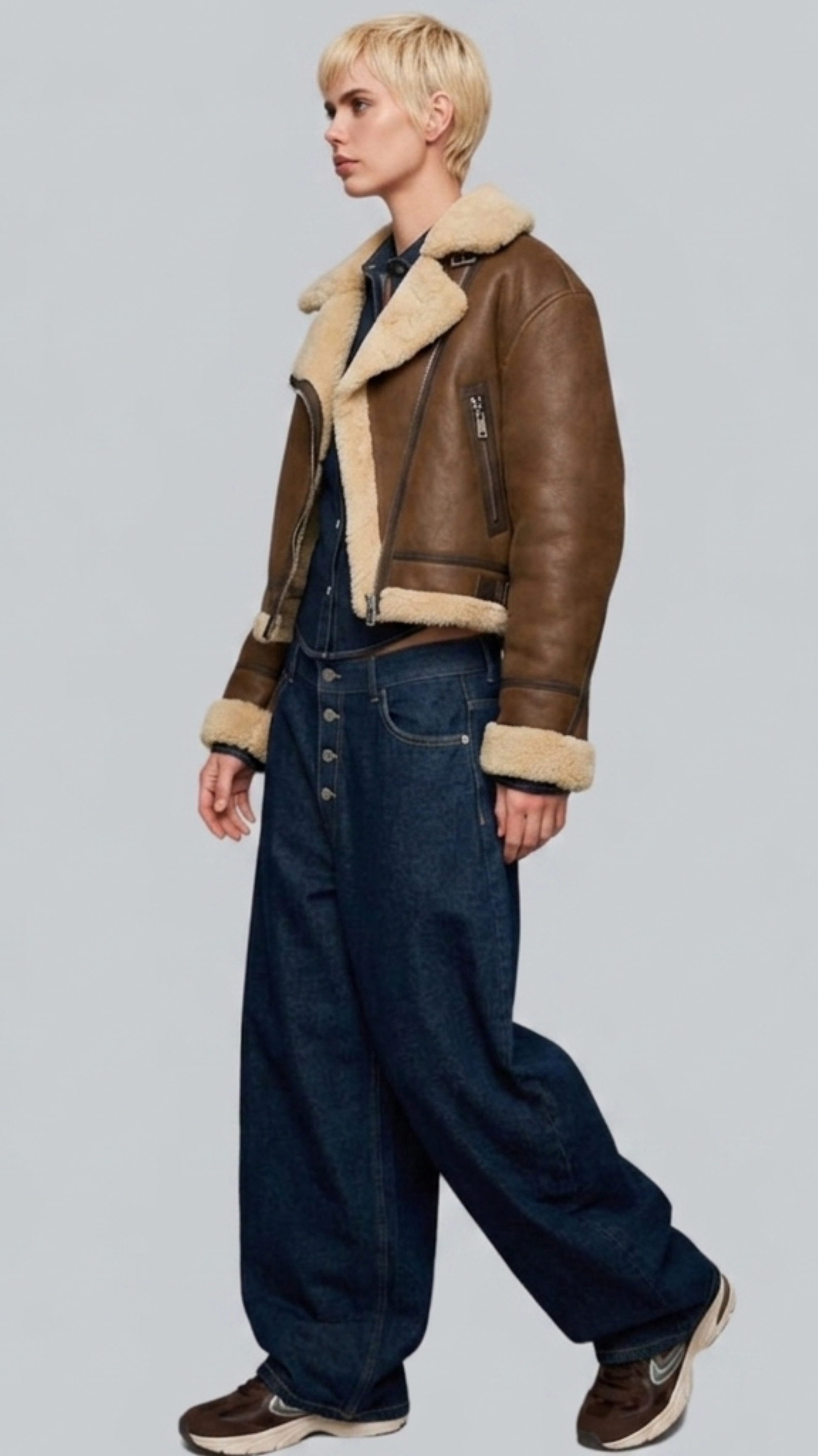 a brown leather jacket with shearling lining and blue jeans on a gray background